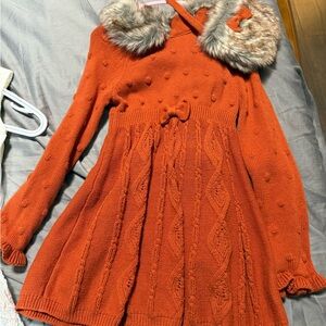 Cozy Orange Knit Dress with Faux Fur Collar
